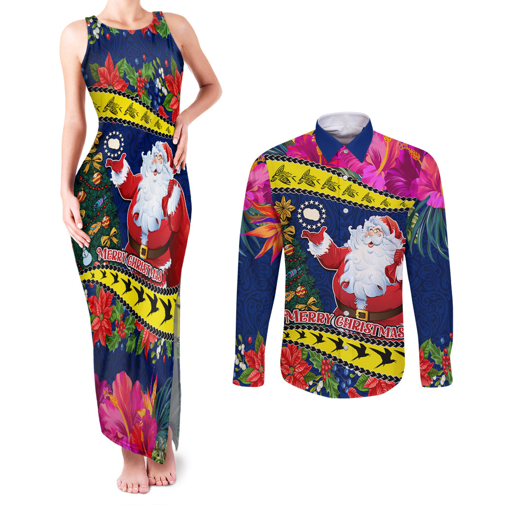 Personalised Cook Island Christmas Couples Matching Tank Maxi Dress and Long Sleeve Button Shirt Santa Claus Mix Maroro and Kakaia Hibiscus Flower Maori Pattern LT03 Blue - Polynesian Pride