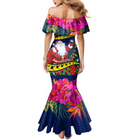 Personalised Cook Island Christmas Family Matching Mermaid Dress and Hawaiian Shirt Santa Claus Mix Maroro and Kakaia Hibiscus Flower Maori Pattern LT03 - Polynesian Pride