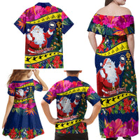 Personalised Cook Island Christmas Family Matching Off Shoulder Maxi Dress and Hawaiian Shirt Santa Claus Mix Maroro and Kakaia Hibiscus Flower Maori Pattern LT03 - Polynesian Pride