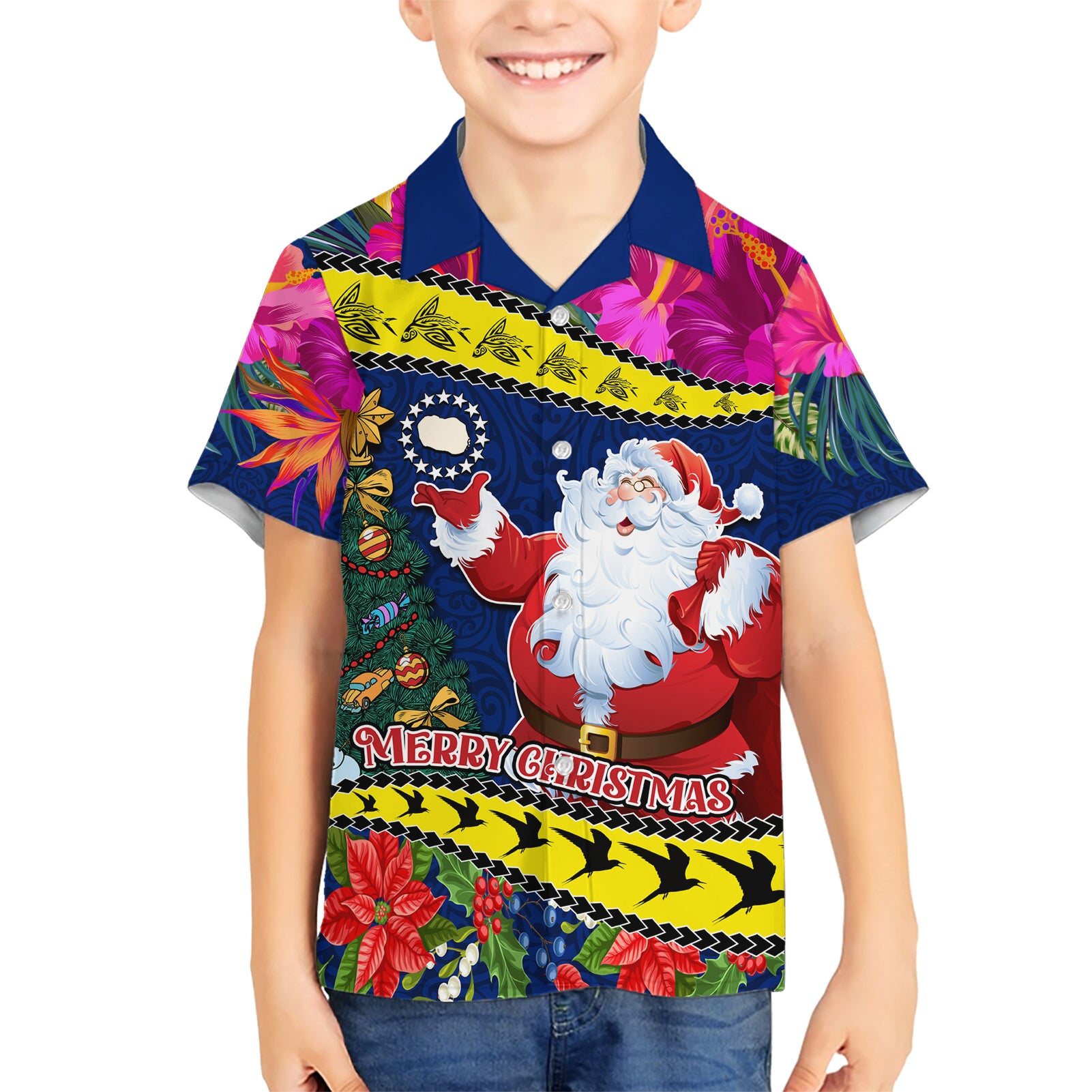 Personalised Cook Island Christmas Kid Hawaiian Shirt Santa Claus Mix Maroro and Kakaia Hibiscus Flower Maori Pattern LT03 Kid Blue - Polynesian Pride
