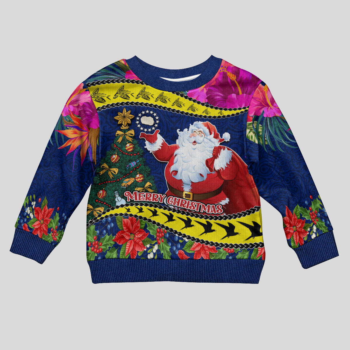 Personalised Cook Island Christmas Kid Ugly Christmas Sweater Santa Claus Mix Maroro and Kakaia Hibiscus Flower Maori Pattern LT03 Kid Blue - Polynesian Pride