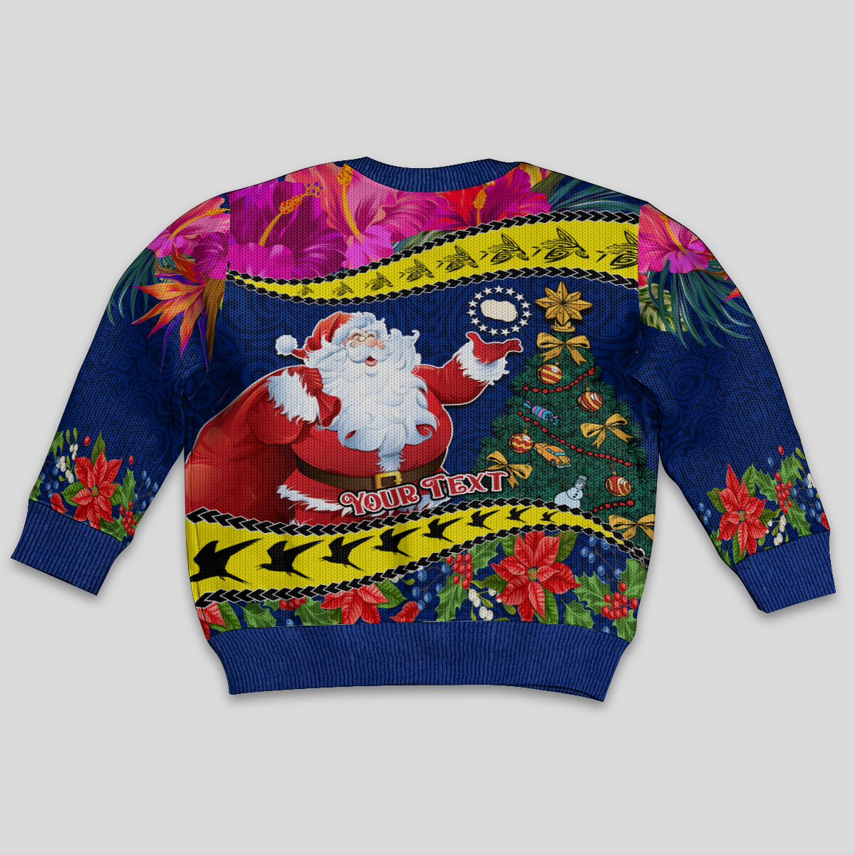 Personalised Cook Island Christmas Kid Ugly Christmas Sweater Santa Claus Mix Maroro and Kakaia Hibiscus Flower Maori Pattern LT03 - Polynesian Pride
