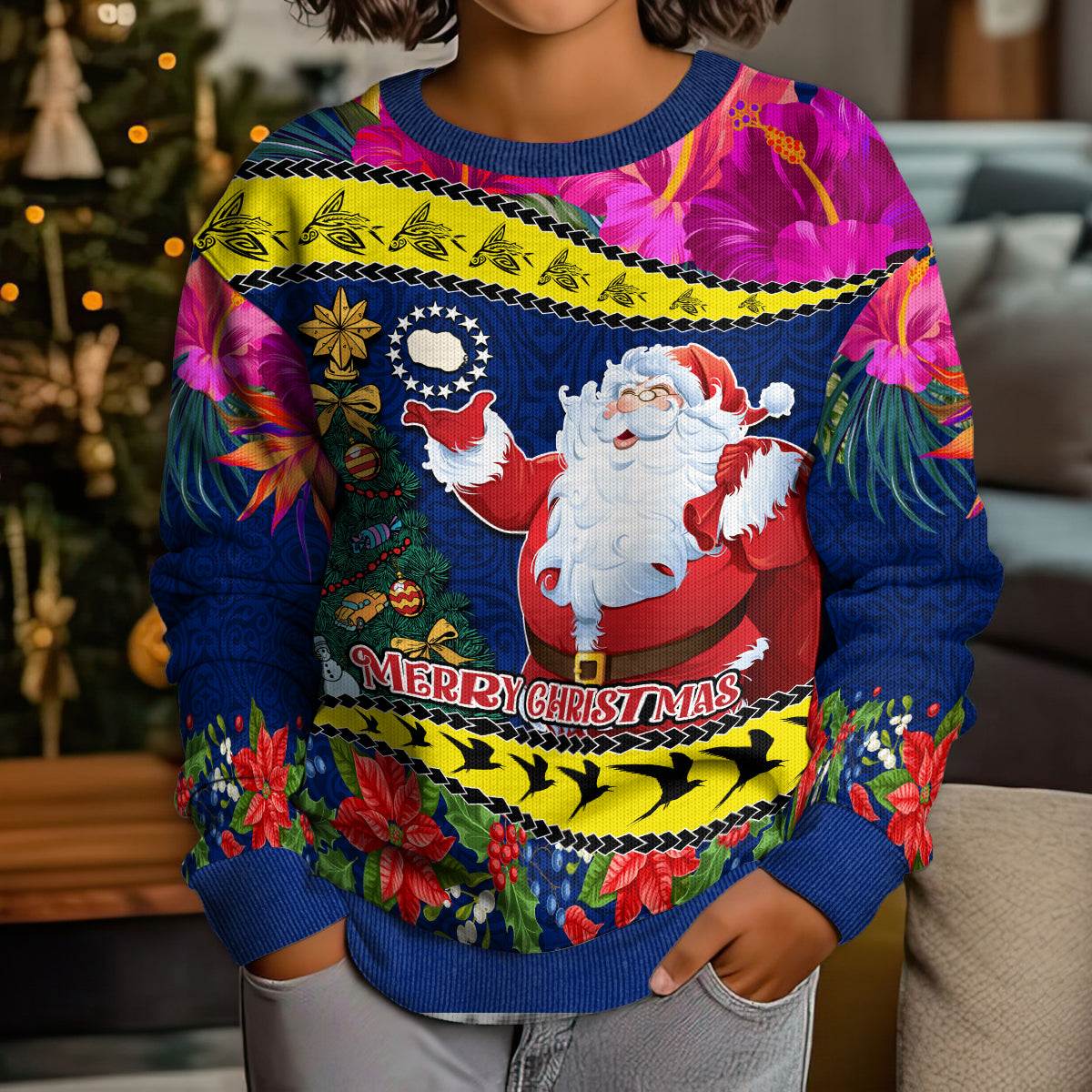 Personalised Cook Island Christmas Kid Ugly Christmas Sweater Santa Claus Mix Maroro and Kakaia Hibiscus Flower Maori Pattern LT03 - Polynesian Pride