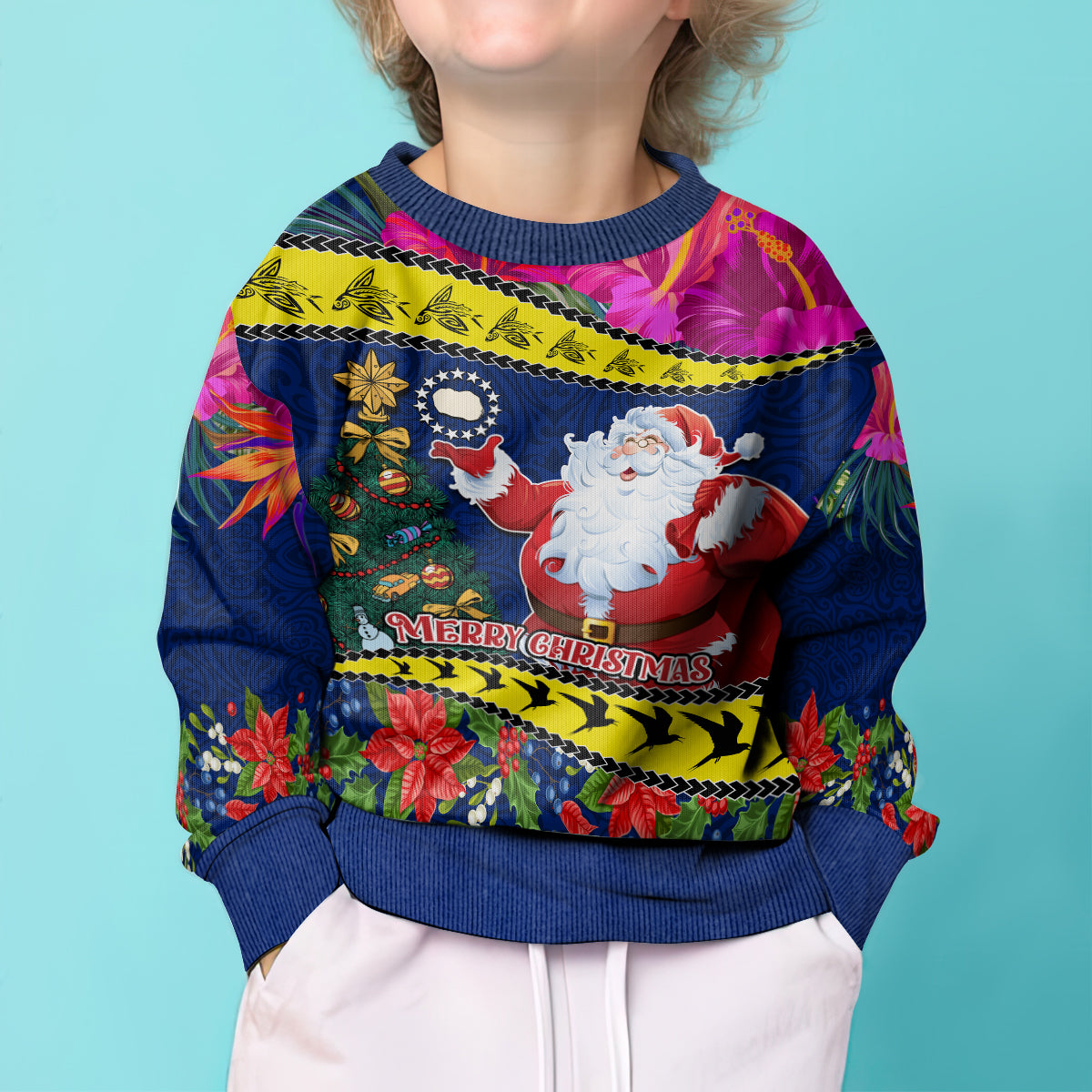 Personalised Cook Island Christmas Kid Ugly Christmas Sweater Santa Claus Mix Maroro and Kakaia Hibiscus Flower Maori Pattern LT03 - Polynesian Pride