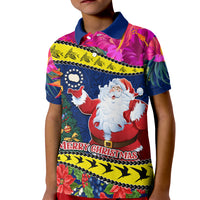 Personalised Cook Island Christmas Kid Polo Shirt Santa Claus Mix Maroro and Kakaia Hibiscus Flower Maori Pattern LT03 Kid Blue - Polynesian Pride