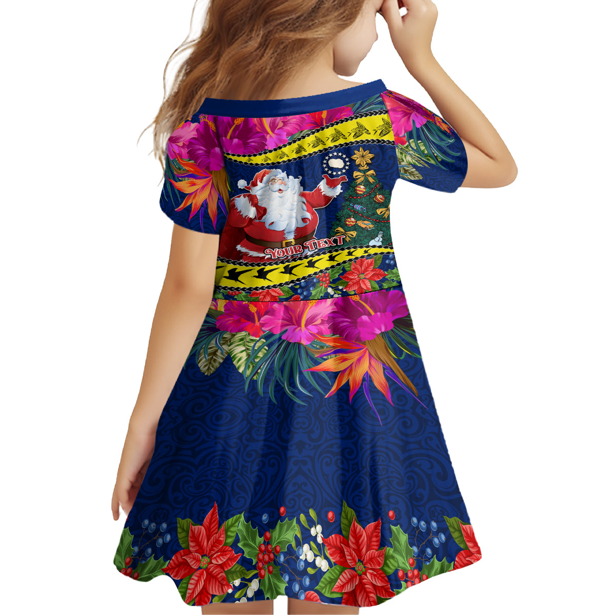 Personalised Cook Island Christmas Kid Short Sleeve Dress Santa Claus Mix Maroro and Kakaia Hibiscus Flower Maori Pattern LT03 - Polynesian Pride