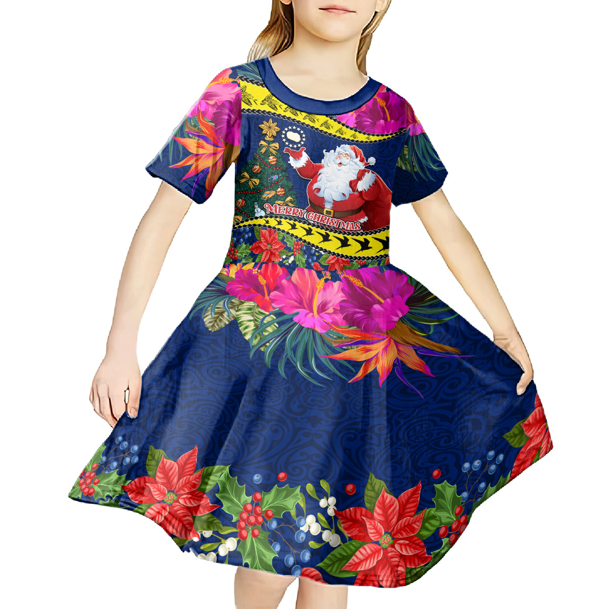 Personalised Cook Island Christmas Kid Short Sleeve Dress Santa Claus Mix Maroro and Kakaia Hibiscus Flower Maori Pattern LT03 - Polynesian Pride