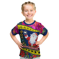 Personalised Cook Island Christmas Kid T Shirt Santa Claus Mix Maroro and Kakaia Hibiscus Flower Maori Pattern LT03 Blue - Polynesian Pride