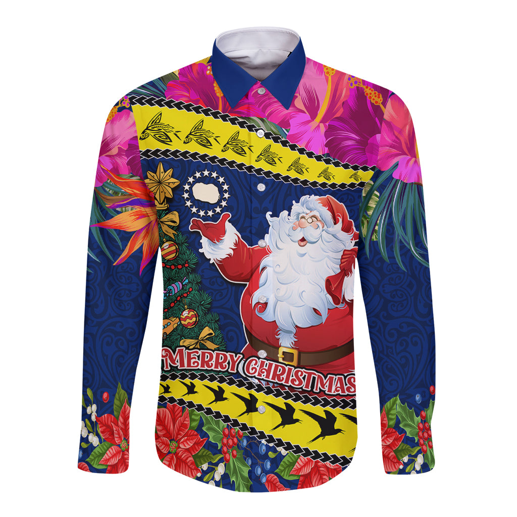 Personalised Cook Island Christmas Long Sleeve Button Shirt Santa Claus Mix Maroro and Kakaia Hibiscus Flower Maori Pattern LT03 Unisex Blue - Polynesian Pride