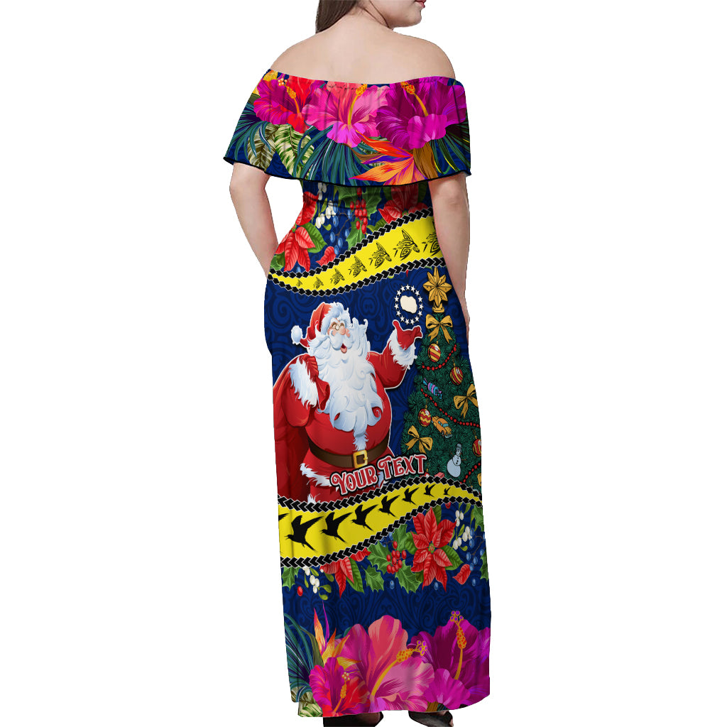Personalised Cook Island Christmas Off Shoulder Maxi Dress Santa Claus Mix Maroro and Kakaia Hibiscus Flower Maori Pattern LT03 - Polynesian Pride