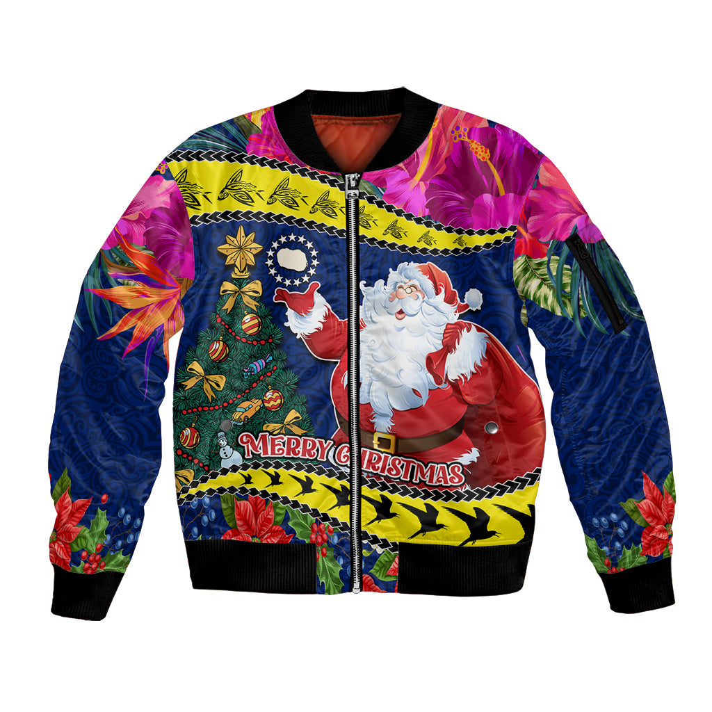 Personalised Cook Island Christmas Sleeve Zip Bomber Jacket Santa Claus Mix Maroro and Kakaia Hibiscus Flower Maori Pattern LT03 Unisex Blue - Polynesian Pride