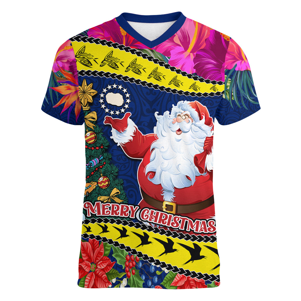 Personalised Cook Island Christmas Women V Neck T Shirt Santa Claus Mix Maroro and Kakaia Hibiscus Flower Maori Pattern LT03 Female Blue - Polynesian Pride