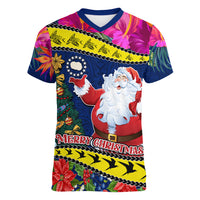 Personalised Cook Island Christmas Women V Neck T Shirt Santa Claus Mix Maroro and Kakaia Hibiscus Flower Maori Pattern LT03 Female Blue - Polynesian Pride