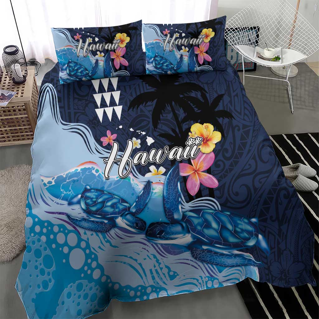 Hawaiian Honu Honi Ihu Bedding Set With Plumeria and Kakau Art Pattern
