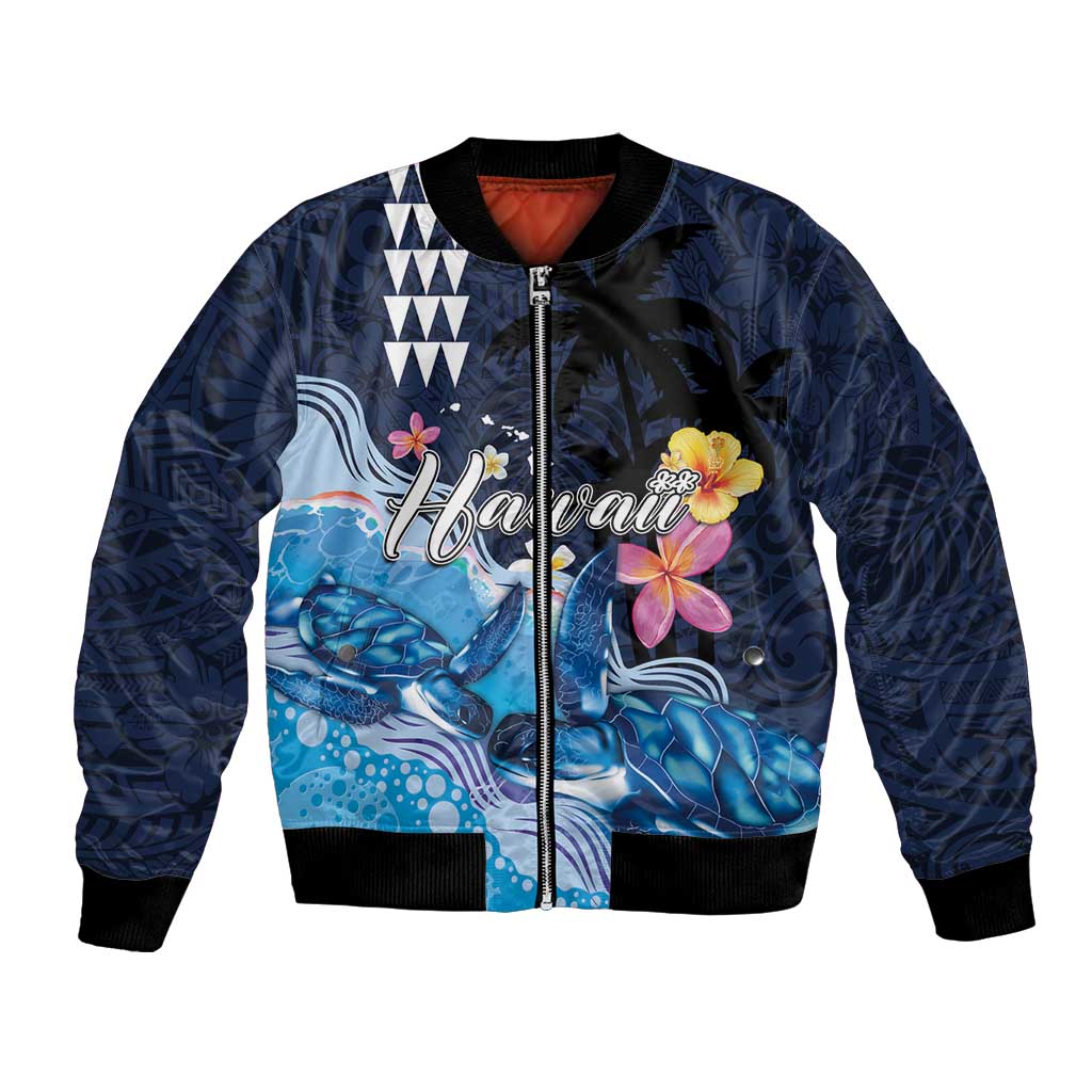 Hawaiian Honu Honi Ihu Bomber Jacket With Plumeria and Kakau Art Pattern LT03 Unisex Dark Blue - Polynesian Pride