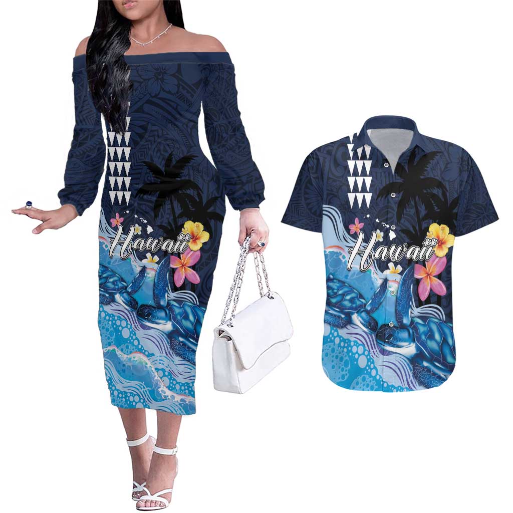 Hawaiian Honu Honi Ihu Couples Matching Off The Shoulder Long Sleeve Dress and Hawaiian Shirt With Plumeria and Kakau Art Pattern LT03 Dark Blue - Polynesian Pride