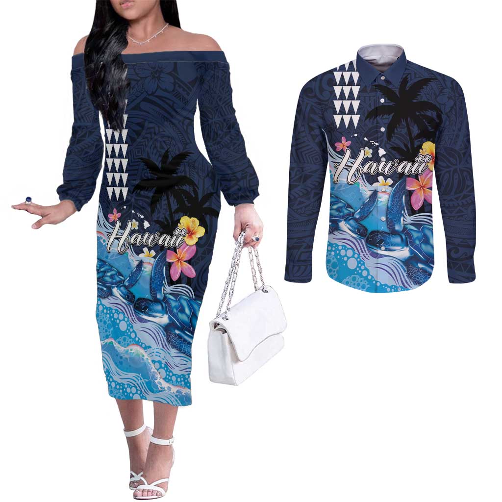 Hawaiian Honu Honi Ihu Couples Matching Off The Shoulder Long Sleeve Dress and Long Sleeve Button Shirt With Plumeria and Kakau Art Pattern LT03 Dark Blue - Polynesian Pride