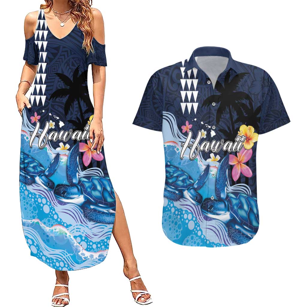 Hawaiian Honu Honi Ihu Couples Matching Summer Maxi Dress and Hawaiian Shirt With Plumeria and Kakau Art Pattern LT03 Dark Blue - Polynesian Pride