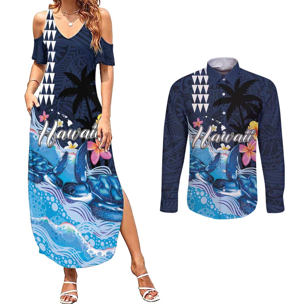 Hawaiian Honu Honi Ihu Couples Matching Summer Maxi Dress and Long Sleeve Button Shirt With Plumeria and Kakau Art Pattern LT03 Dark Blue - Polynesian Pride