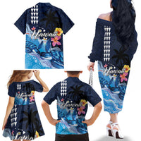 Hawaiian Honu Honi Ihu Family Matching Off The Shoulder Long Sleeve Dress and Hawaiian Shirt With Plumeria and Kakau Art Pattern