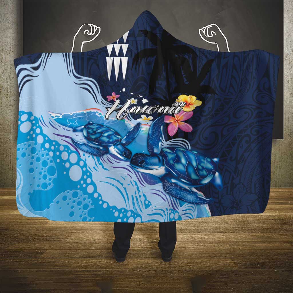Hawaiian Honu Honi Ihu Hooded Blanket With Plumeria and Kakau Art Pattern