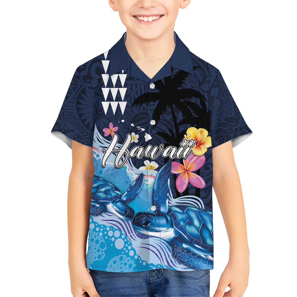 Hawaiian Honu Honi Ihu Kid Hawaiian Shirt With Plumeria and Kakau Art Pattern LT03 Kid Dark Blue - Polynesian Pride