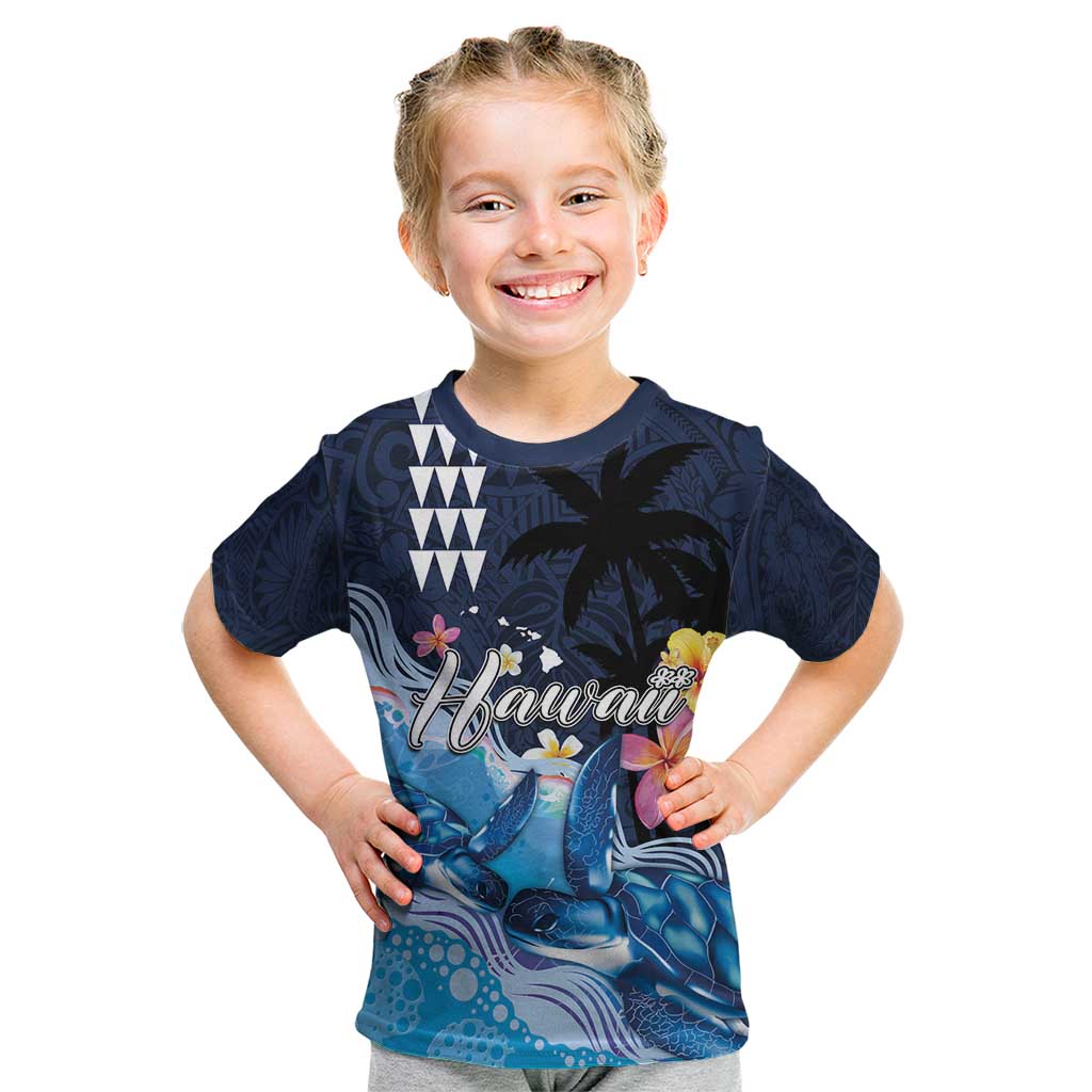 Hawaiian Honu Honi Ihu Kid T Shirt With Plumeria and Kakau Art Pattern LT03 Dark Blue - Polynesian Pride
