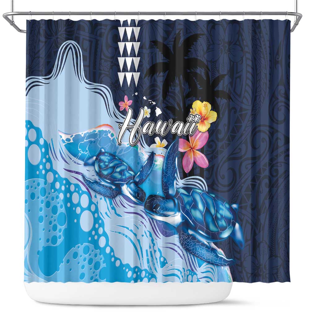 Hawaiian Honu Honi Ihu Shower Curtain With Plumeria and Kakau Art Pattern LT03 Dark Blue - Polynesian Pride