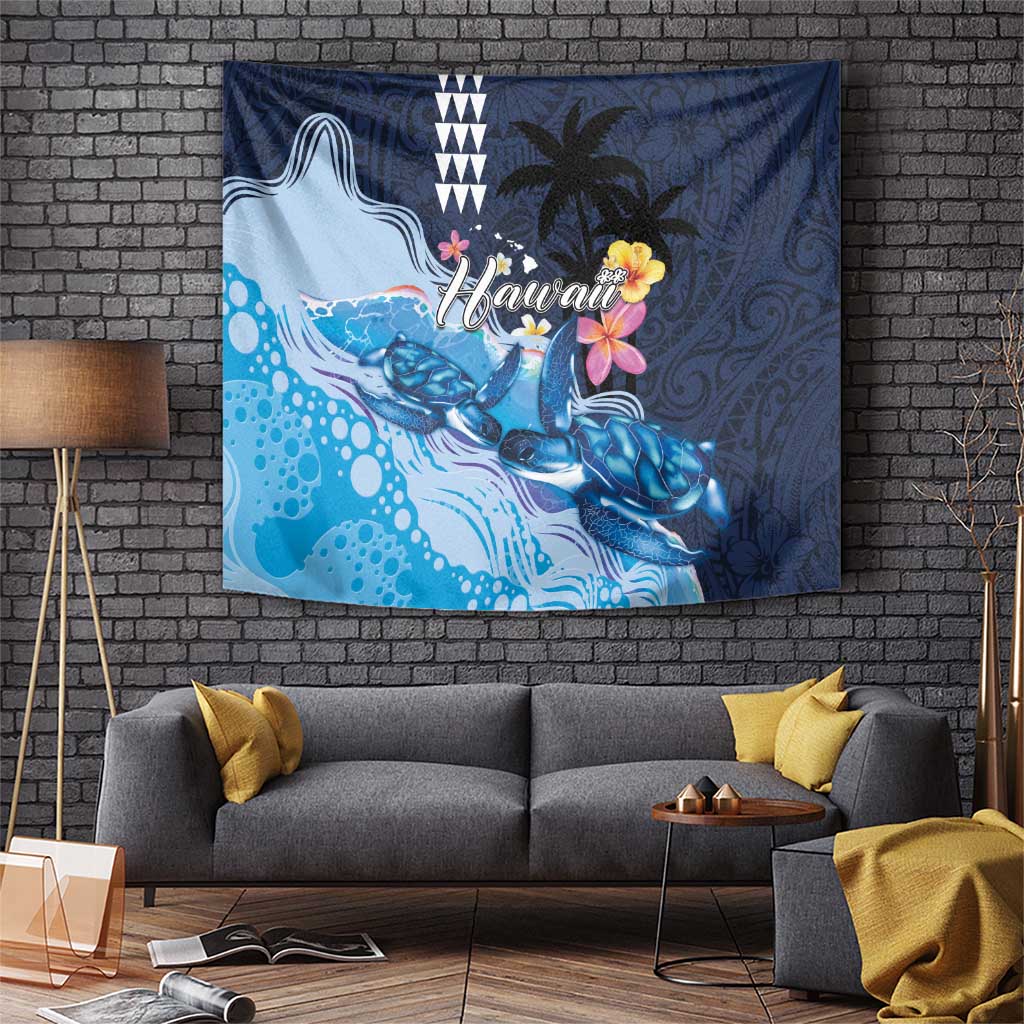 Hawaiian Honu Honi Ihu Tapestry With Plumeria and Kakau Art Pattern LT03 Dark Blue - Polynesian Pride