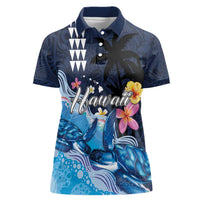 Hawaiian Honu Honi Ihu Women Polo Shirt With Plumeria and Kakau Art Pattern
