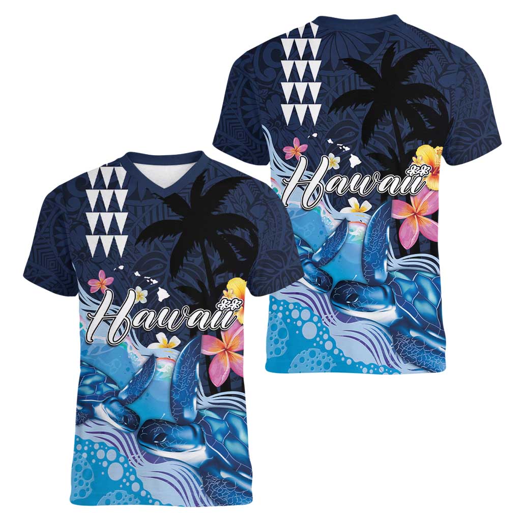 Hawaiian Honu Honi Ihu Women V-Neck T-Shirt With Plumeria and Kakau Art Pattern