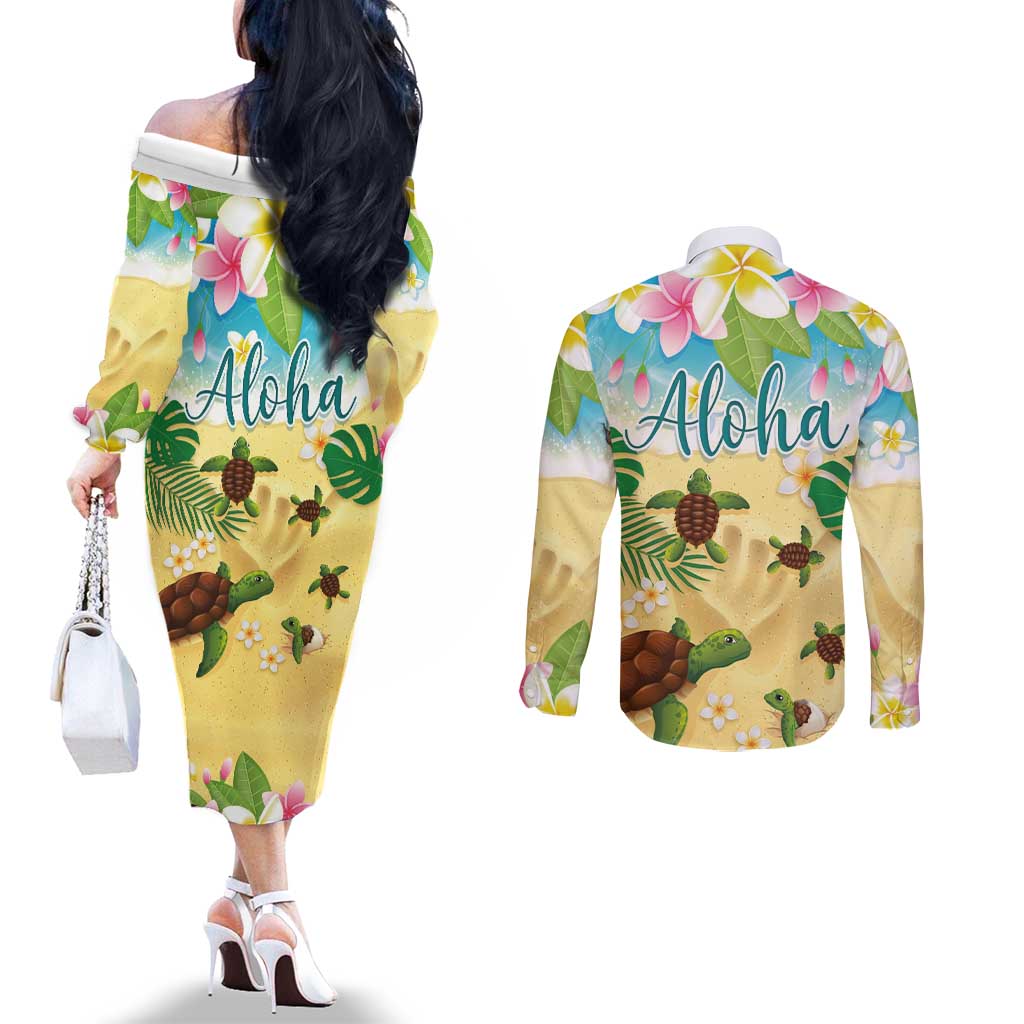 Aloha Turtle Family on The Beach Couples Matching Off The Shoulder Long Sleeve Dress and Long Sleeve Button Shirt with Hawaiian Colorful Plumeria