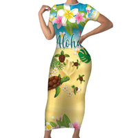 Aloha Turtle Family on The Beach Family Matching Short Sleeve Bodycon Dress and Hawaiian Shirt with Hawaiian Colorful Plumeria