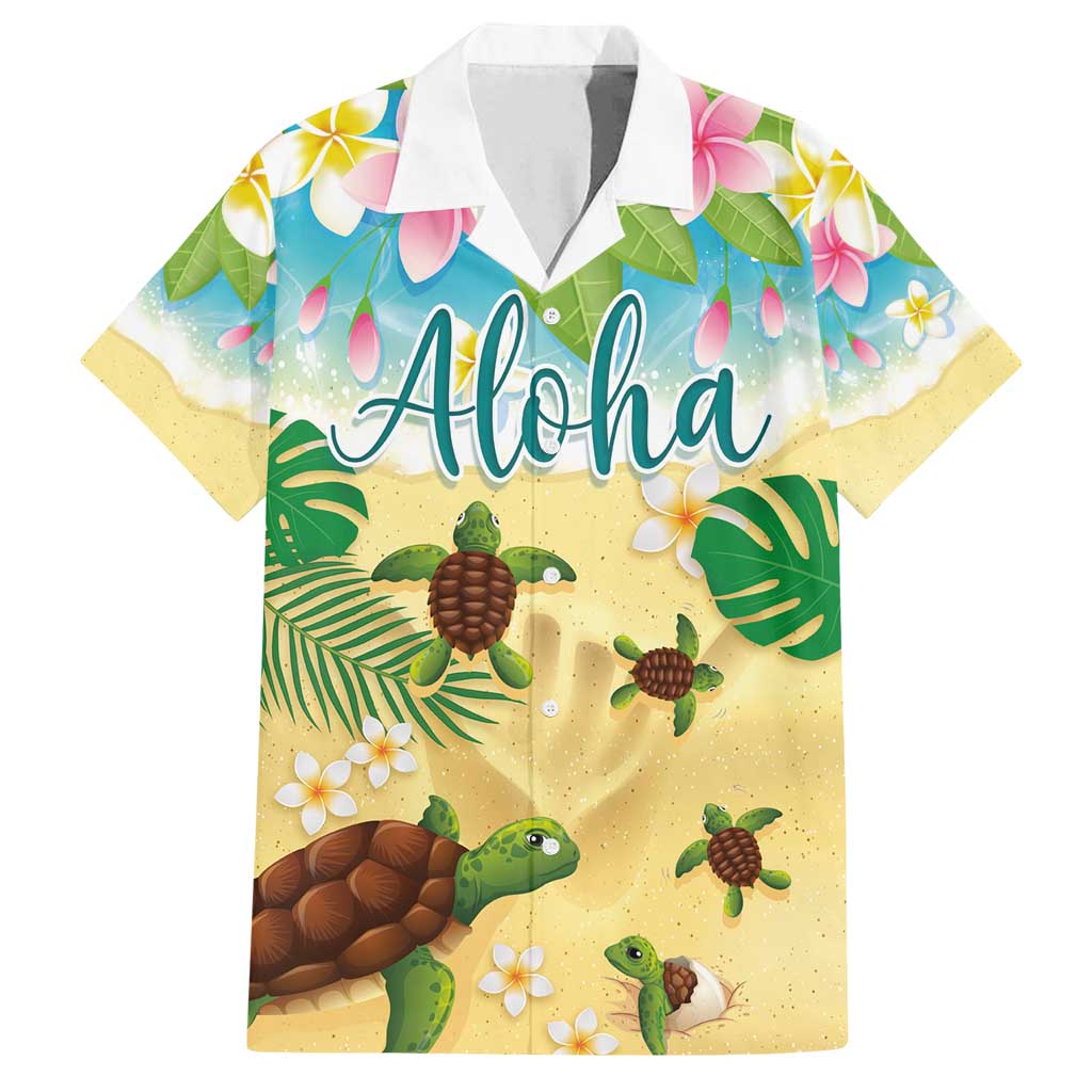 Aloha Turtle Family on The Beach Family Matching Tank Maxi Dress and Hawaiian Shirt with Hawaiian Colorful Plumeria