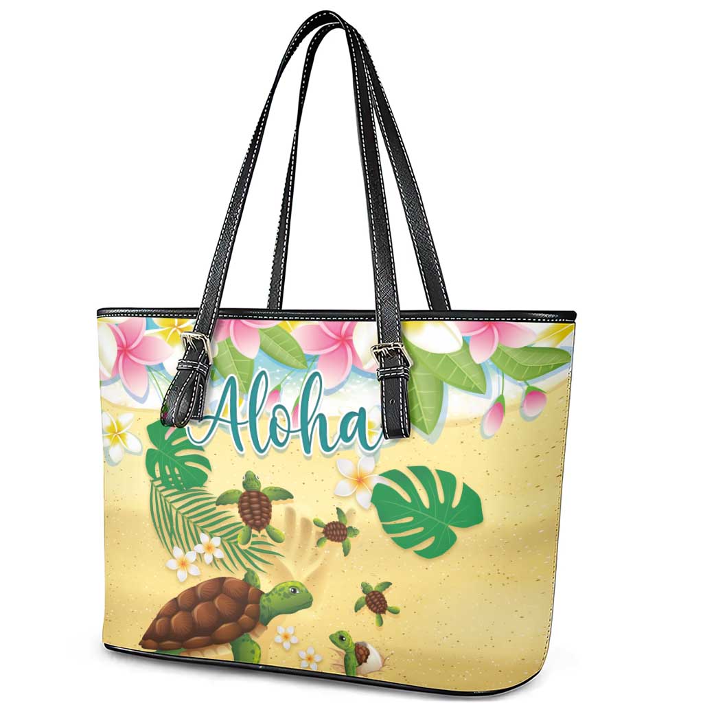 Aloha Turtle Family on The Beach Leather Tote Bag with Hawaiian Colorful Plumeria