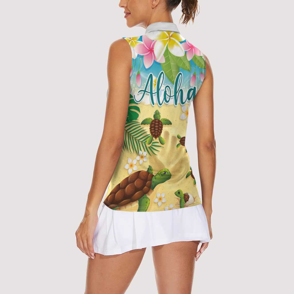 Aloha Turtle Family on The Beach Women Sleeveless Polo Shirt with Hawaiian Colorful Plumeria