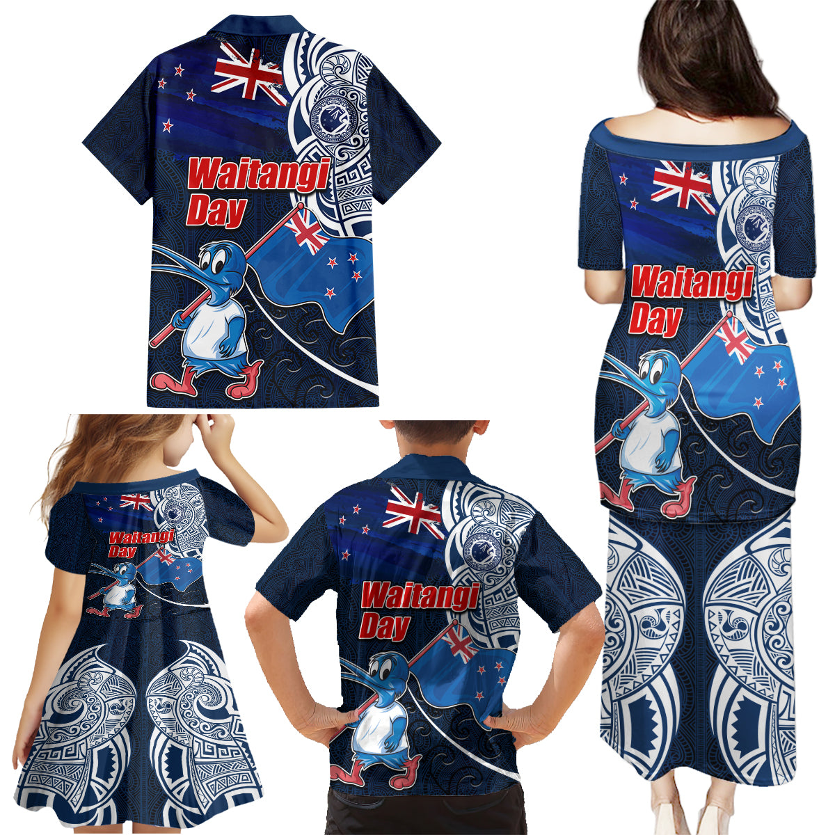 New Zealand Waitangi Family Matching Puletasi and Hawaiian Shirt Te Ra O Waitangi Maori Kiwis Bird LT03 - Polynesian Pride