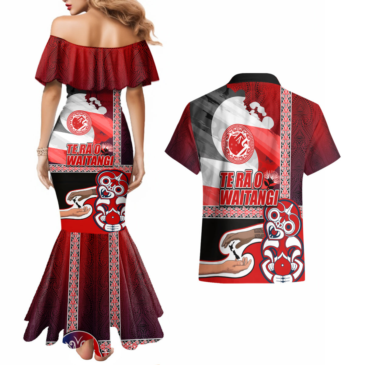 Maori Waitangi Couples Matching Mermaid Dress and Hawaiian Shirt Hei-tiki Koru with Tino Rangatiratanga Maori Flag LT03 - Polynesian Pride