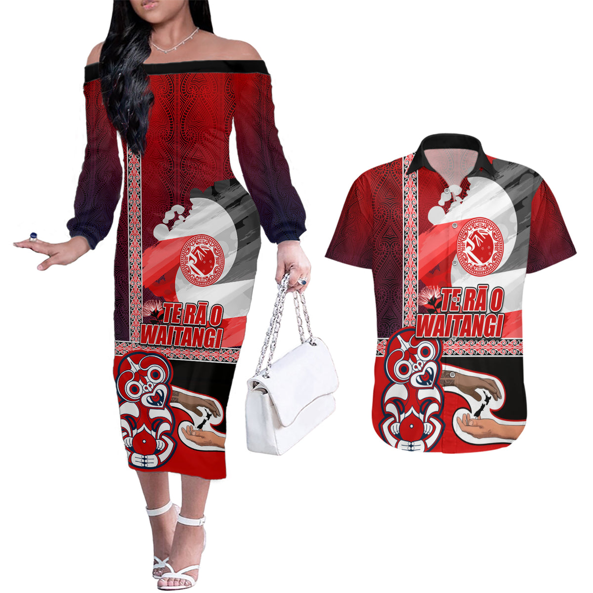 Maori Waitangi Couples Matching Off The Shoulder Long Sleeve Dress and Hawaiian Shirt Hei-tiki Koru with Tino Rangatiratanga Maori Flag LT03 Red - Polynesian Pride