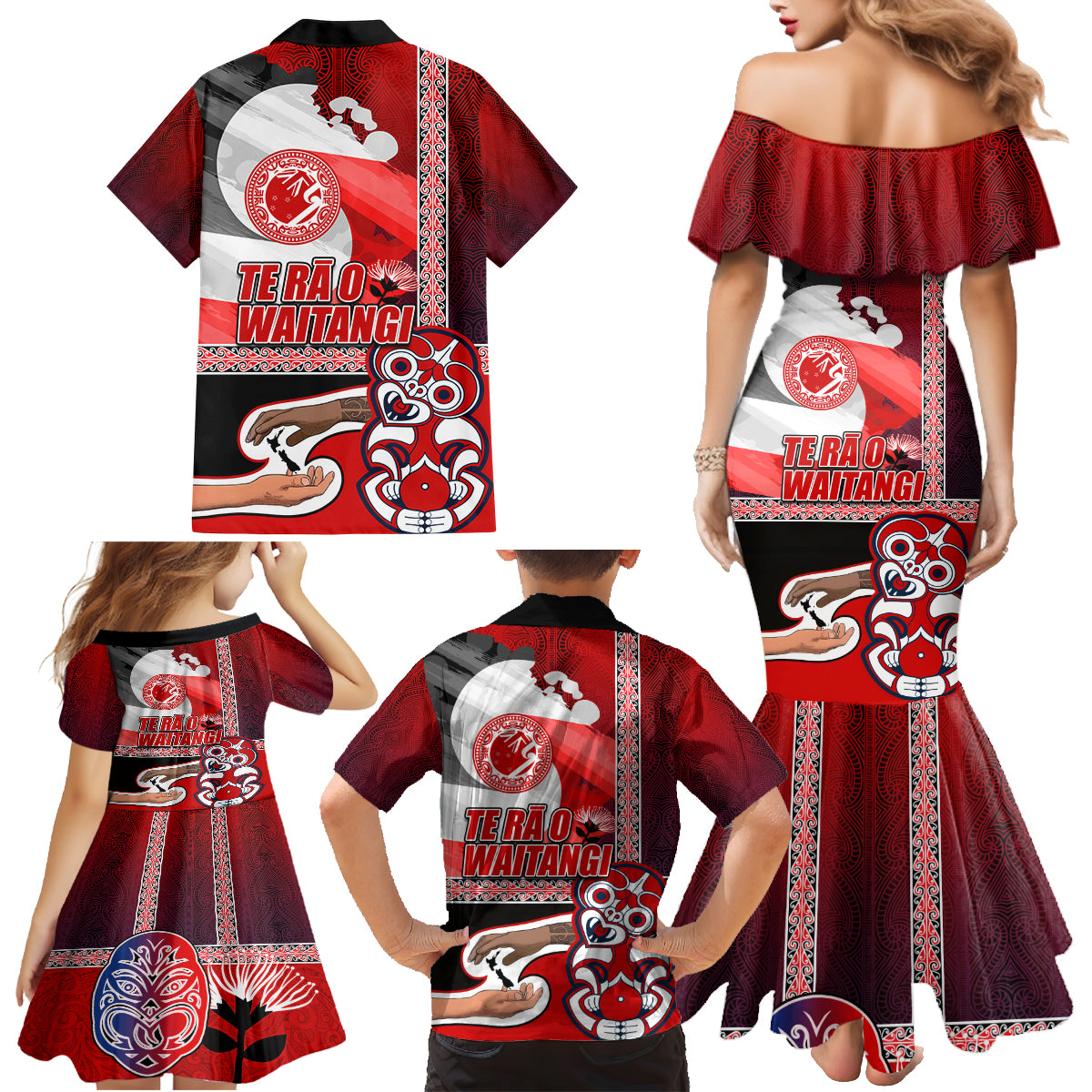 Maori Waitangi Family Matching Mermaid Dress and Hawaiian Shirt Hei-tiki Koru with Tino Rangatiratanga Maori Flag LT03 - Polynesian Pride
