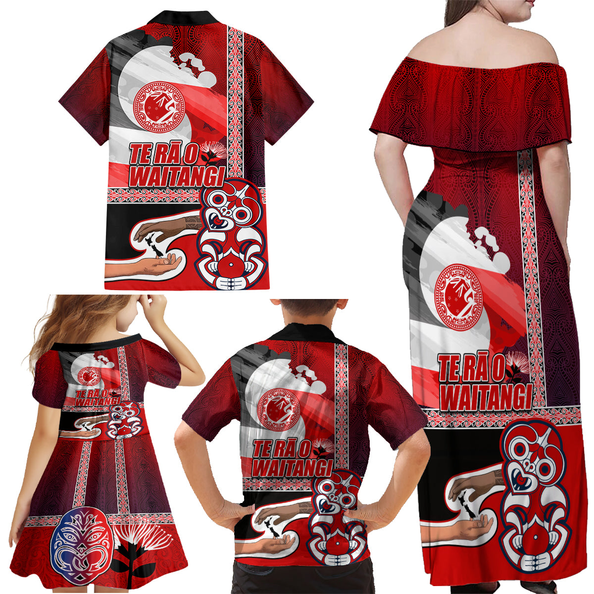 Maori Waitangi Family Matching Off Shoulder Maxi Dress and Hawaiian Shirt Hei-tiki Koru with Tino Rangatiratanga Maori Flag LT03 - Polynesian Pride