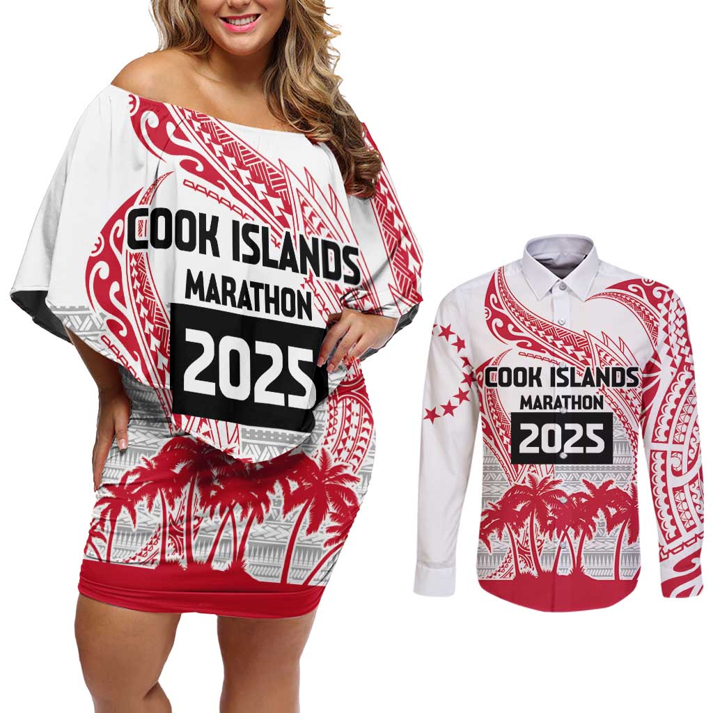 Cook Islands Marathon 2025-Pursuit in Paradise Couples Matching Off Shoulder Short Dress and Long Sleeve Button Shirt Red Color