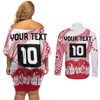 Cook Islands Marathon 2025-Pursuit in Paradise Couples Matching Off Shoulder Short Dress and Long Sleeve Button Shirt Red Color