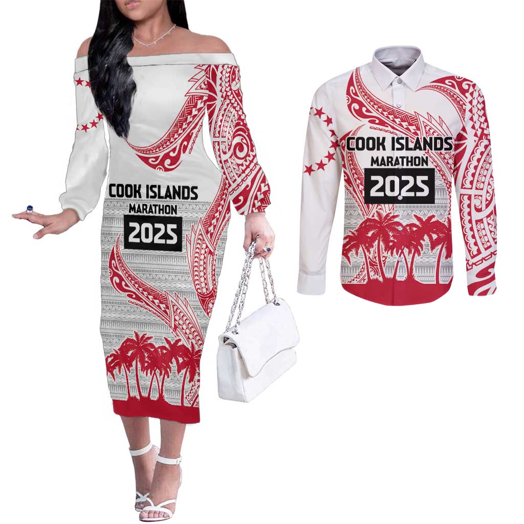 Cook Islands Marathon 2025-Pursuit in Paradise Couples Matching Off The Shoulder Long Sleeve Dress and Long Sleeve Button Shirt Red Color