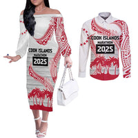 Cook Islands Marathon 2025-Pursuit in Paradise Couples Matching Off The Shoulder Long Sleeve Dress and Long Sleeve Button Shirt Red Color