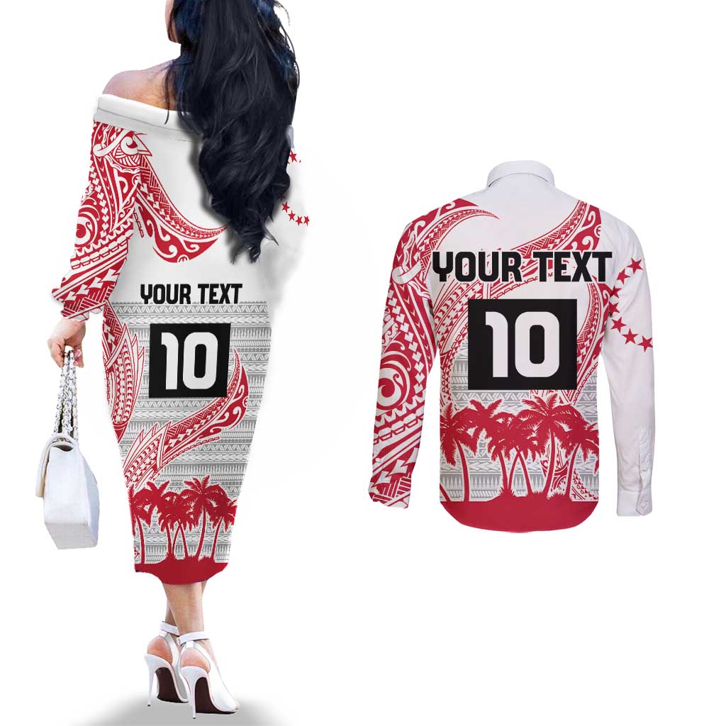 Cook Islands Marathon 2025-Pursuit in Paradise Couples Matching Off The Shoulder Long Sleeve Dress and Long Sleeve Button Shirt Red Color