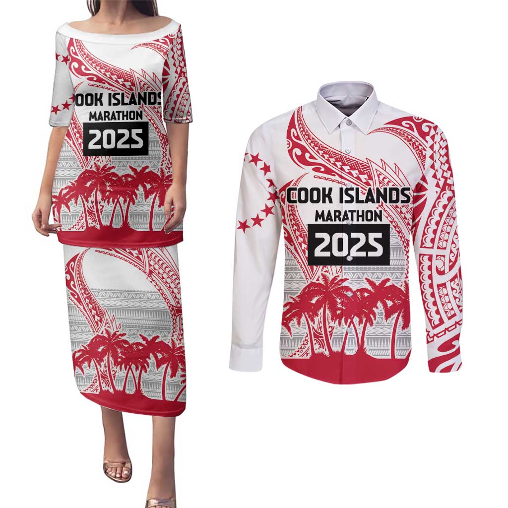 Cook Islands Marathon 2025-Pursuit in Paradise Couples Matching Puletasi and Long Sleeve Button Shirt Red Color