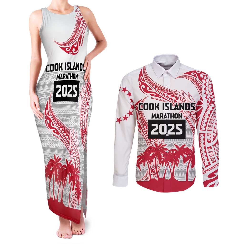 Cook Islands Marathon 2025-Pursuit in Paradise Couples Matching Tank Maxi Dress and Long Sleeve Button Shirt Red Color