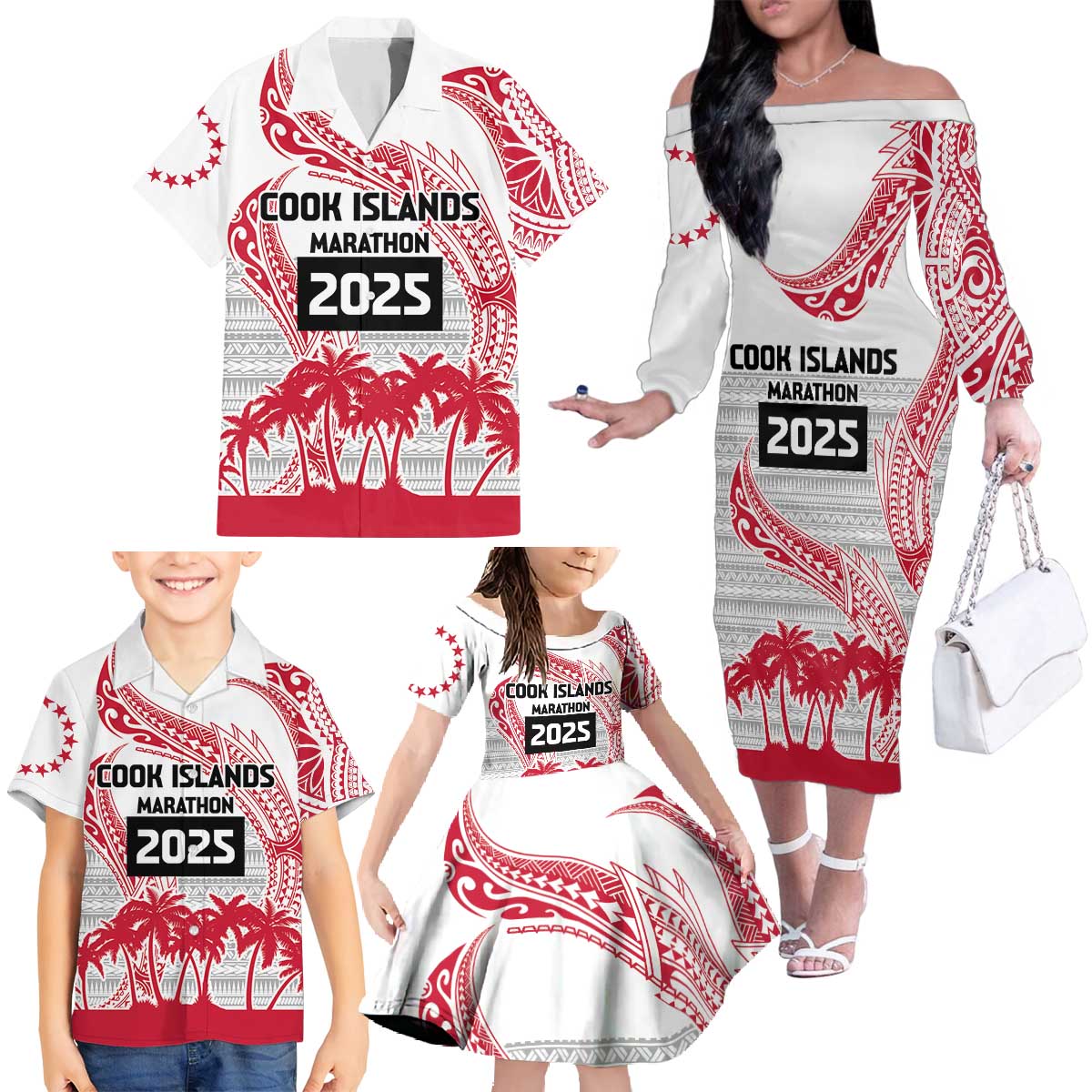 Cook Islands Marathon 2025-Pursuit in Paradise Family Matching Off The Shoulder Long Sleeve Dress and Hawaiian Shirt Red Color