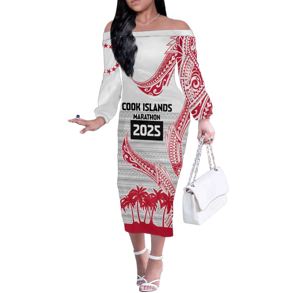 Cook Islands Marathon 2025-Pursuit in Paradise Family Matching Off The Shoulder Long Sleeve Dress and Hawaiian Shirt Red Color